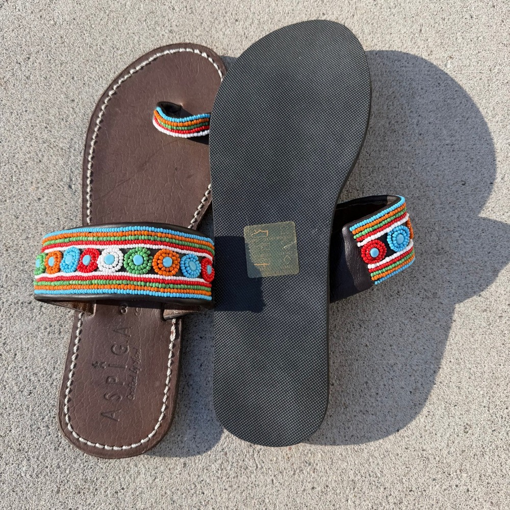 Aspiga Brown Leather Hand Crafted Beaded Toe Loop Sandals Boho Hippie Slides 39 - Picture 5 of 8
